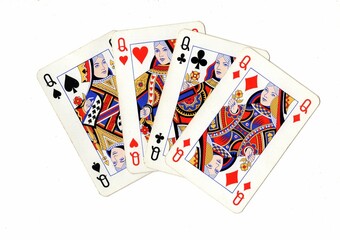 A hand of vintage playing cards isolated on a white background.