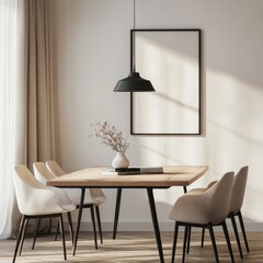 A table with four chairs and a vase of flowers on it. The table is in a room with a white wall and a window