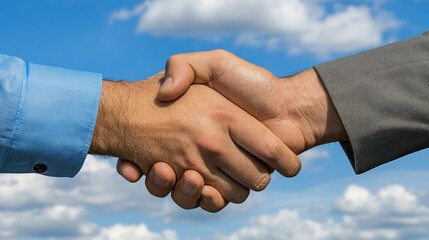 Explore the essence of business collaboration with this captivating image showcasing a firm handshake against a backdrop of blue sky and fluffy clouds, symbolizing trust, partnership, and successful