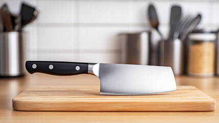 A sharp chef knife rests on a smooth wooden cutting board, showcasing its shiny blade and sturdy handle