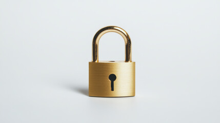 Naklejka premium A shiny golden padlock sits prominently against a smooth white background. Its simple design suggests strength and reliability, representing security and the prevention of unauthorized access