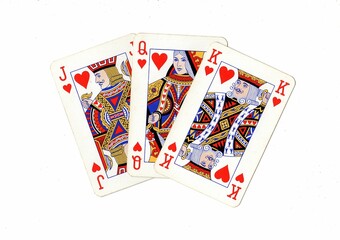 A hand of vintage playing cards isolated on a white background.