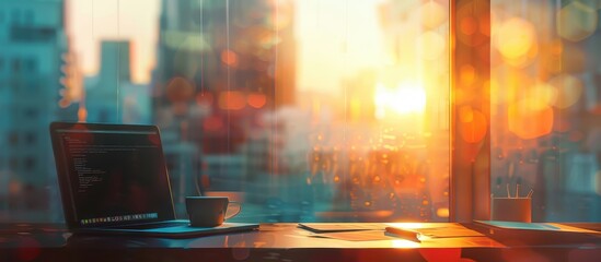 Golden hour cityscape view from a rain-streaked window with a laptop and coffee mug on a desk