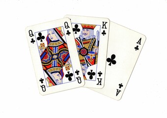 A hand of vintage playing cards isolated on a white background.