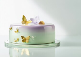 Easter celebration cake in a modern haute cuisine style. glossy mirror glaze pastel tones, such as lavender and pale yellow. decorations include a   small, eggs  flowers and butterfly's