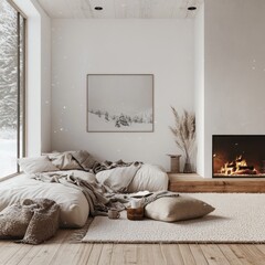 Cozy bedroom with a fireplace and snowy outside view