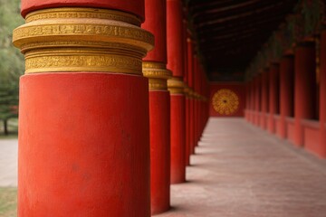 Majestic red columns lined up, showcasing intricate golden detai