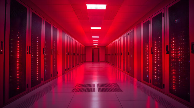 Red Data Center Corridor: A long perspective view of a data center hallway bathed in a vibrant red hue, highlighting server racks that symbolizes high technology and data storage