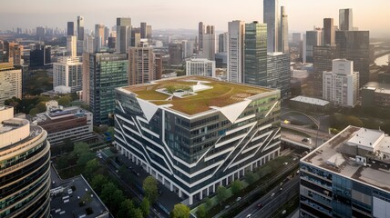 A high-tech, energy-efficient building with a green roof.