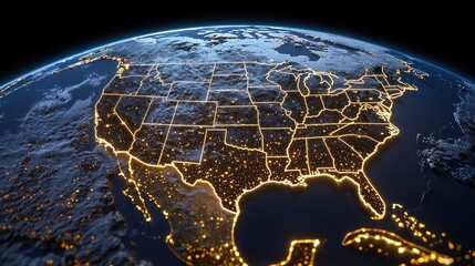 Explore the captivating beauty of the United States at night with this stunning satellite view Witness the intricate network of city lights illuminating the landscape, showcasing the vibrant energy