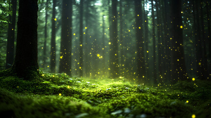 Obraz premium Enchanted Forest: The mystical allure of a primeval forest at dusk, illuminated by the ethereal glow of fireflies dancing amongst the trees