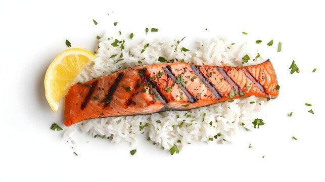 Grilled salmon fillet served over rice with lemon wedge
