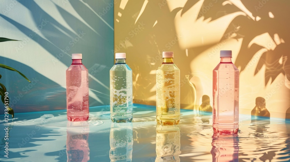 Poster four bottles of different colored beverages sit on a reflective surface, casting cheerful colors and