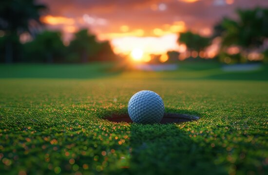 Golf Ball on Putting Green at Sunset, Peaceful and Serene Golf Course Scene