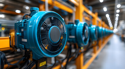 Obraz premium Industrial Automation: Close-up view of a row of modern blue industrial motors, highlighting their intricate design and functionality, a testament to automation in manufacturing.