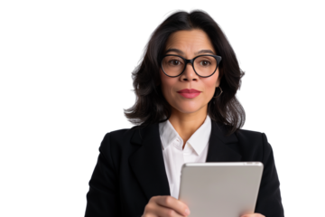 Middle-aged Latina CFO businesswoman holding tablet isolated on transparent white background