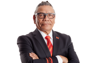 Middle-aged Indigenous Australian male leader crossing arms isolated on transparent white background