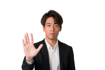 Serious East Asian male analyst gesturing stop with palm isolated on transparent white background