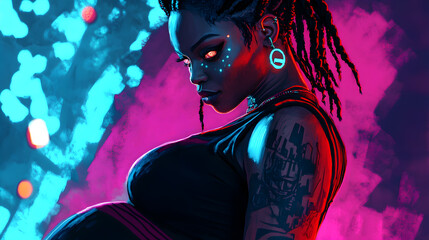 cyberpunk pregnant woman with glowing tattoos stares intensely, illuminated by neon blue and pink lights. futuristic look, bold piercings, and intricate braids.  strong and rebellious character