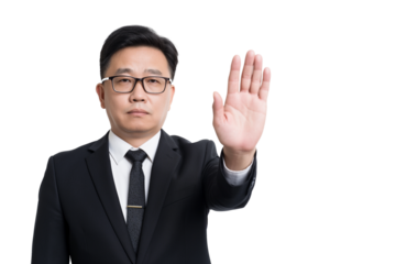 Serious East Asian male analyst gesturing stop with palm isolated on transparent white background