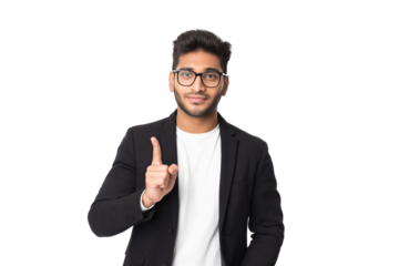 Young South Asian male marketer  pointing up isolated on transparent white background