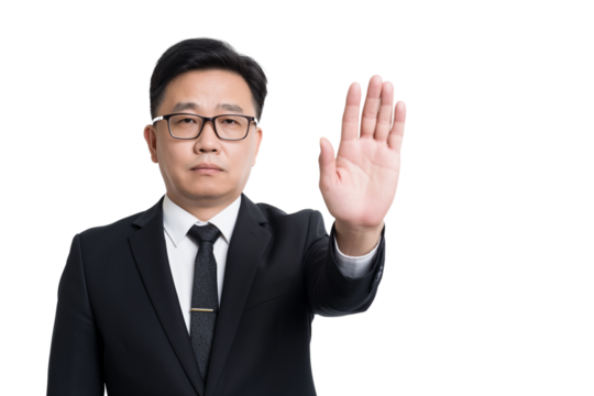 Serious East Asian male analyst gesturing stop with palm isolated on transparent white background