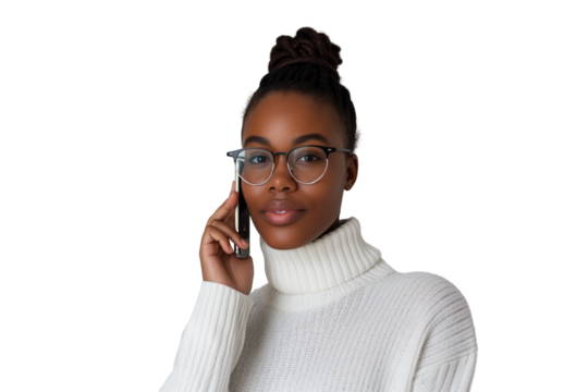 Youthful Black female designer holding phone to her ear isolated on transparent white background