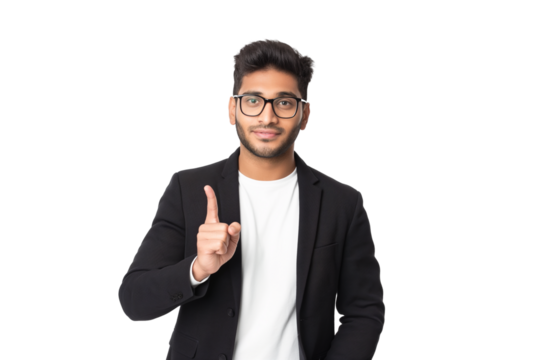 Young South Asian male marketer  pointing up isolated on transparent white background