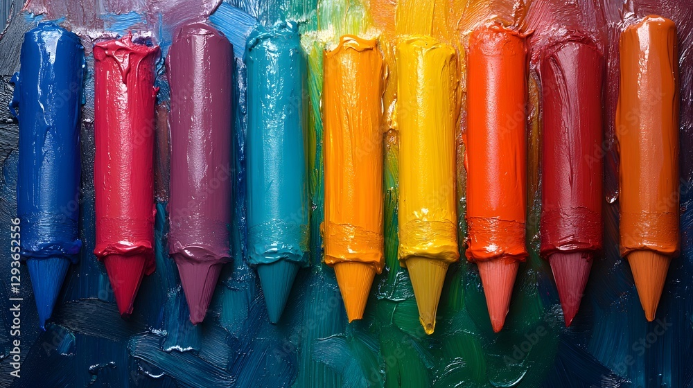 Poster close-up of ten vibrant crayons arranged in a rainbow pattern on a textured canvas background. a col