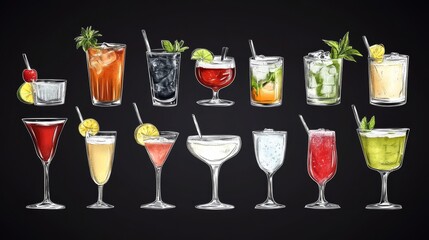 Collection of Colorful Cocktails - A vibrant collection of hand-drawn cocktail illustrations, perfect for menus, bar promotions, or websites. Showcase your drink selection with