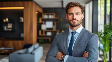 A well-dressed Arab man in a suit and tie stands confidently in a stylish living room, showcasing elegance and cultural sophistication.
