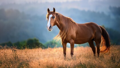 Obraz premium Playful Steed Amidst the Vibrant Meadow A Whimsical Equine Portrait, Bathed in Golden Rays and Adorned with Rich Patterns, Capturing the Spirit of Humor and Joy.