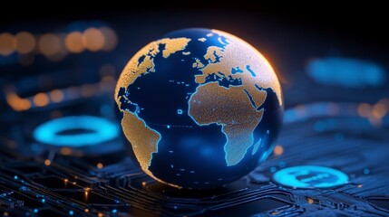 Explore the Digital Globe A mesmerizing image capturing the essence of global connectivity and technological advancement, showcasing a vibrant world map intertwined with intricate circuit board