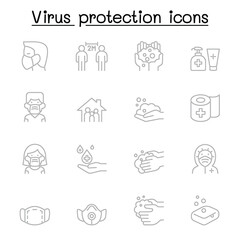 Set of Virus protection line icons. contains such Icons as, social distancing, mask, hand washing, stay home and more.