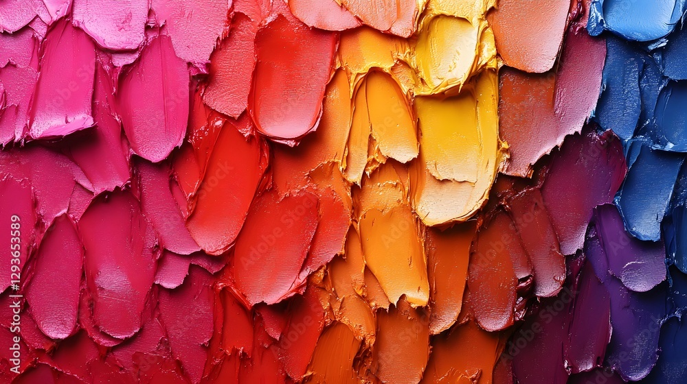 Poster close-up view of richly textured impasto paint, showcasing a spectrum of vibrant colors. vibrant hue