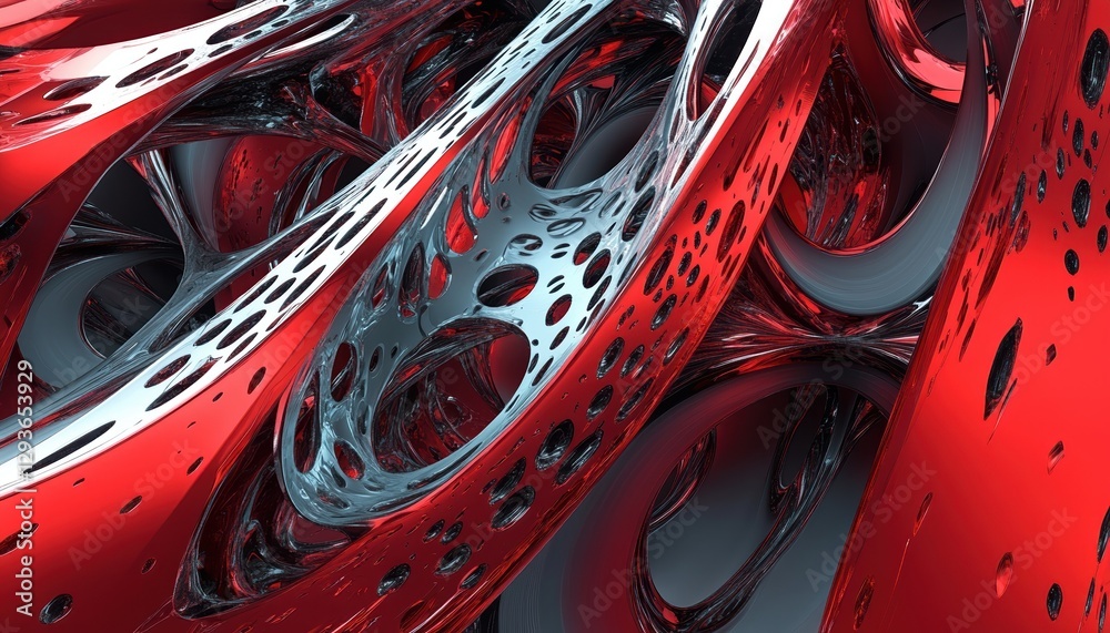 Poster Intricate Abstract Red and Silver 3D Render with Complex Geometric Patterns
