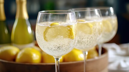 Two elegant wine glasses sit beside a bottle of wine, garnished with fresh lemons, showcasing a sophisticated beverage arrangement.