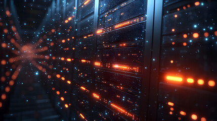 Data Stream: A close-up view of a server room with data streams, showcasing the intricate web of servers that power the digital age.