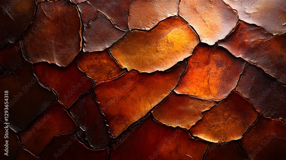 Poster close-up shot of an abstract texture featuring interlocking brown and orange scales. the image showc