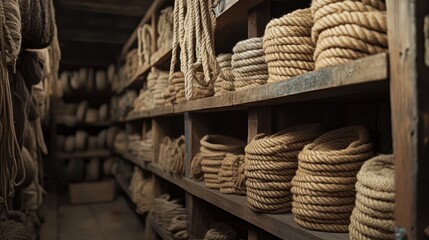 A room featuring crafted shelves made of wood, adorned with ropes and various items, creating a cozy and organized atmosphere.