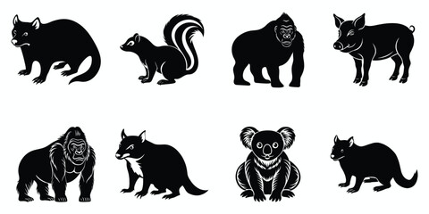 Obraz premium Set of animals, black and white linocut silhouette