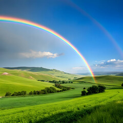 vibrant rainbow arches over scenic green field un