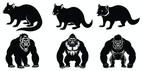 Naklejka premium Set of animals, black and white linocut silhouette