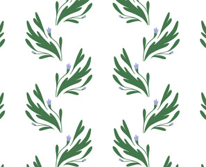 Seamless botanical pattern with hand-drawn Green Branches and small Flowers. Elegant floral texture for fabric, wallpaper, wrapping. Minimal flat vector illustration.