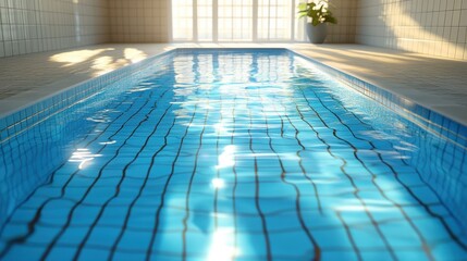 Obraz premium A serene pool features clear blue water, complemented by a lush green plant in the background, creating a tranquil and refreshing atmosphere.