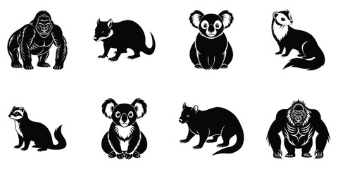 Obraz premium Set of animals, black and white linocut silhouette