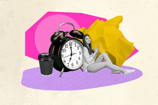 Composite sketch image design artwork collage of young lady sit hold phone big clock time cup coffee vacancy office manager paper ball