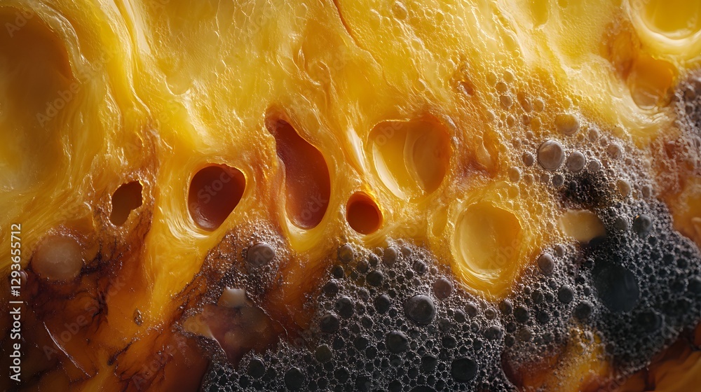 Poster Intricate details of amber with bubbles. A close-up macro photograph showing texture and color. Amber Bubbles: A Macro Study of Ancient Resin