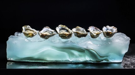 Gourmet Oysters A Fusion of Art and Haute Cuisine: A sophisticated arrangement of five fresh oysters, each nestled on a bed of shimmering crushed ice   shiny resin table surface