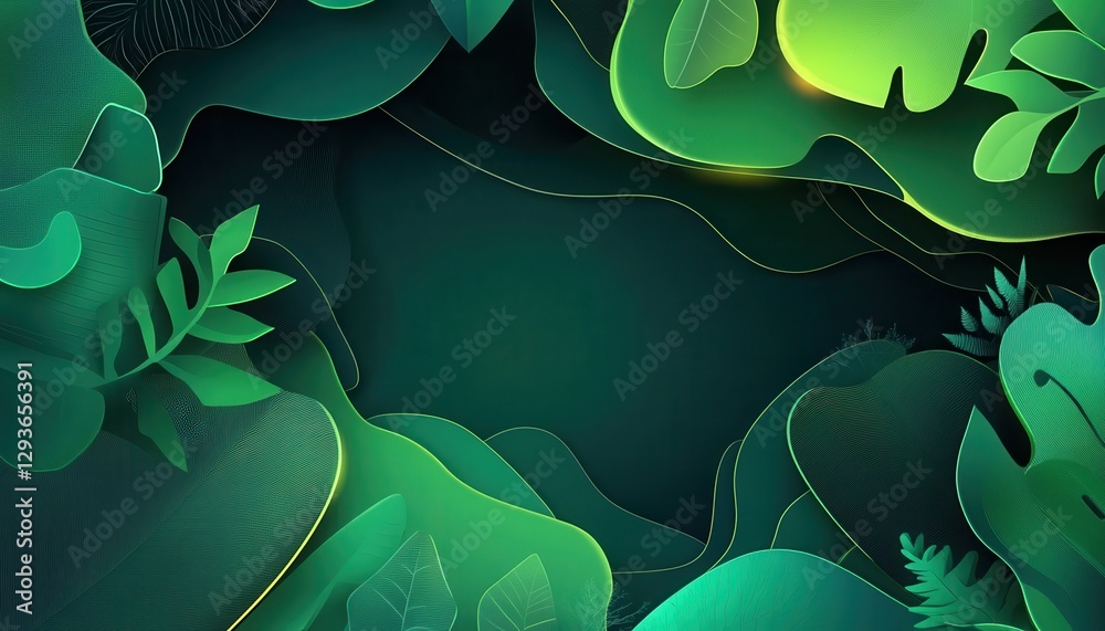 Poster lush tropical leaves background with abstract paper texture and golden accents
